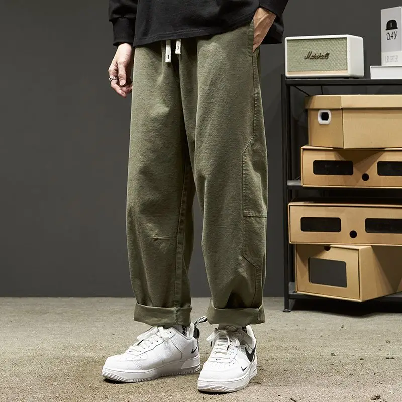 American Casual Trend Versatile Simple Loose Cargo Pants Men Solid Elastic Waist Drawstring Pocket Straight Wide Leg Trousers