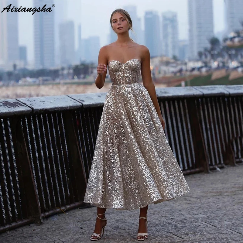 

Aixiangsha Glitter Sequin Lace Prom Dresses Sweetheart A-Line Short Prom Gowns Open Back Sleeveless Tea-Length Formal Party Gown