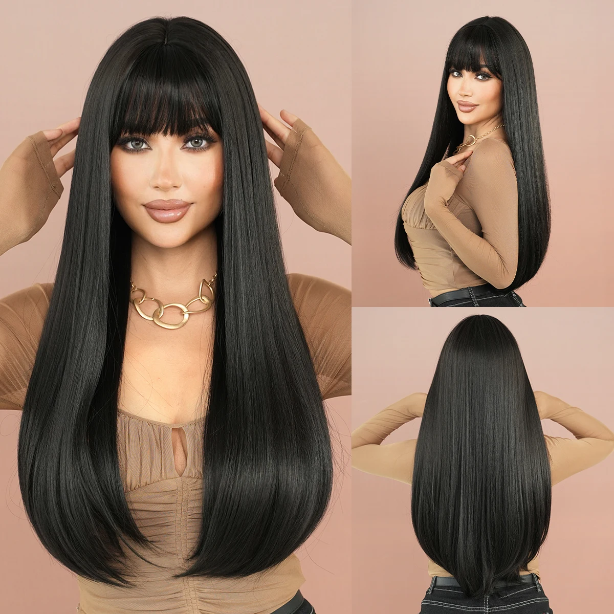 

NAMM Long Straight Black Wig for Women Daily Use High Density Synthetic Layered Black Wigs with Neat Bangs Costume Wigs