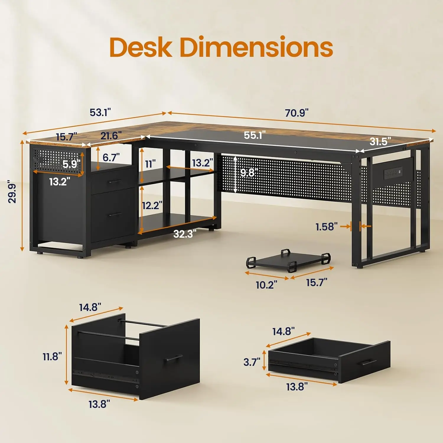 71" Reversible L-Shaped Executive Desk w/Power Outlets & Pegboard - File Drawers, Storage Shelves & Mobile CPU Stand