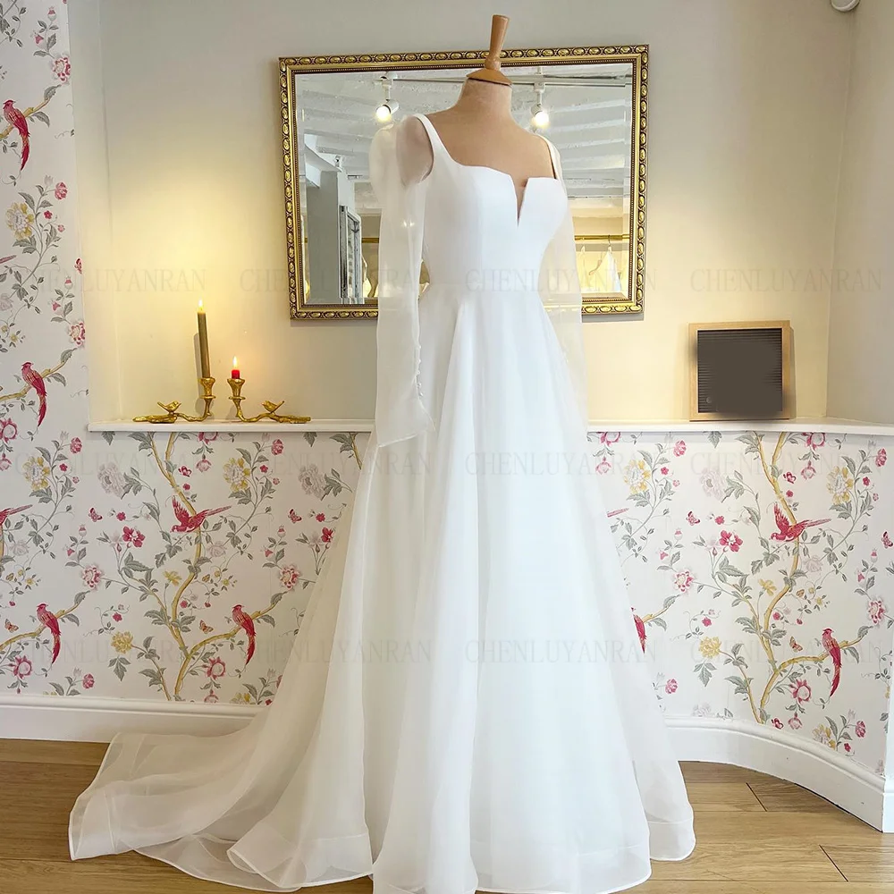 

Simple Ivory Wedding Dresses Button Organza Elegant Bride Dresses Long Sleeves A-Line Dress For Women 2023 Robe De Mariée