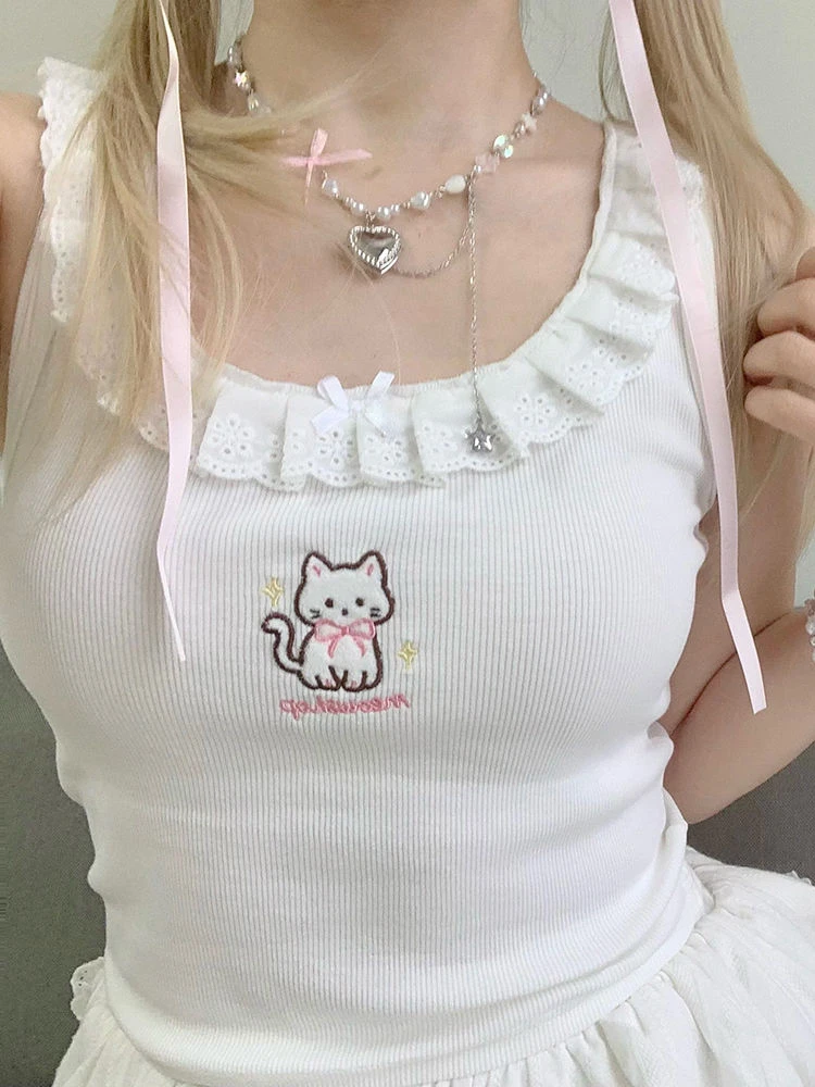 

Deeptown Kawaii Cat Embroidery Tank Tops Women Coquette Aesthetic Cute Crop Tops Harajuku Y2k Sweet Girl White Halter Top Summer