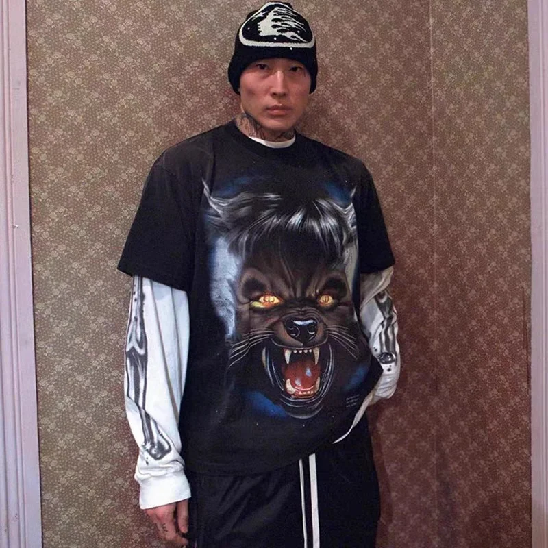

Hellstar Retro Wash T-shirt Wolf Head Full Moon Print Round Neck 1:1 Label High Quality Sports Loose Short Sleeves