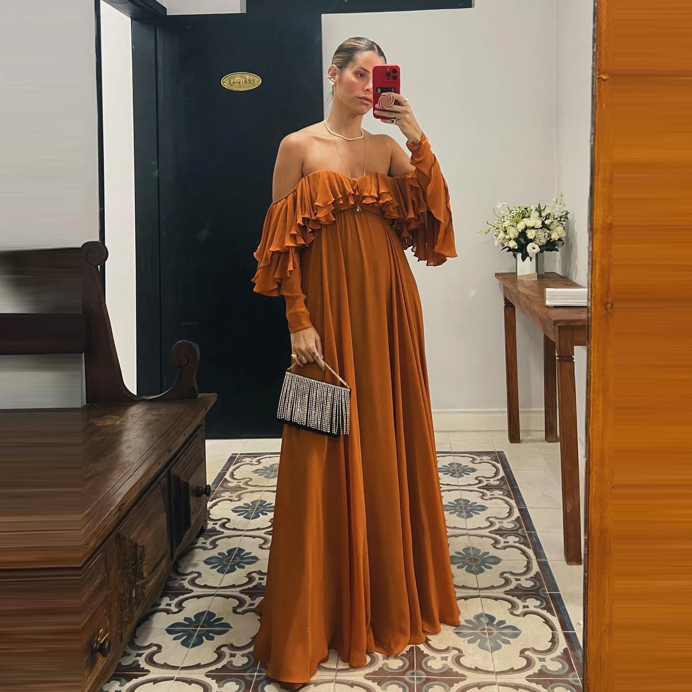 Classic Chiffon Evening Dresses Cap Long Sleeves Ruffles Pleated