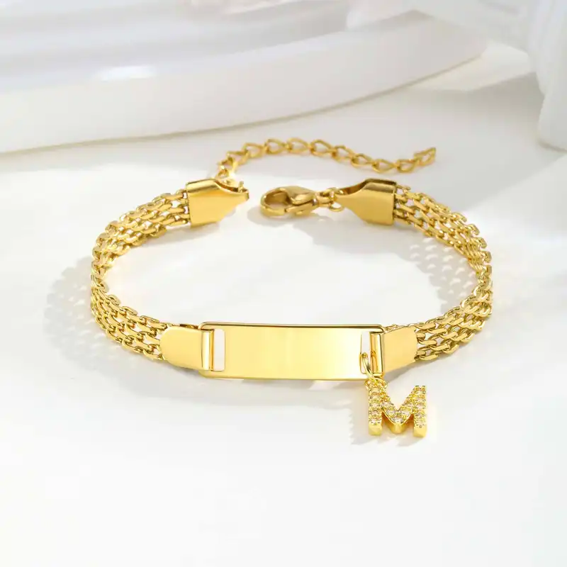 Vnox Free Engraved 26 Letters Bracelets For Mom Baby, Stainless Steel Strap Chain With Curved Nameplate Wristband Birthday Gifts - Image 2