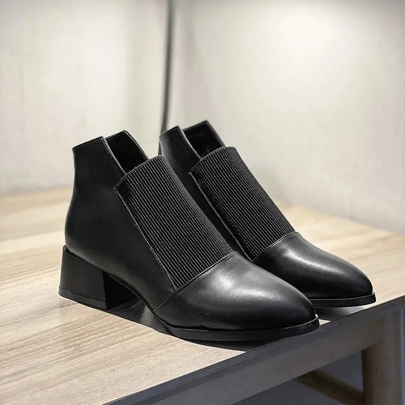 

Ботильоны женские с острым носком, элегантные эластичные черные рабочие короткие ботинки на среднем каблуке 4 см, шикарные ботинки