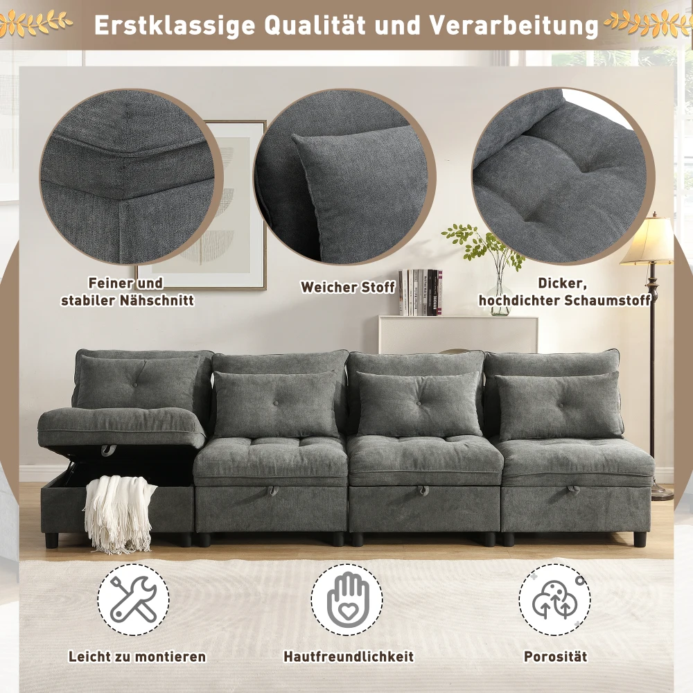 Modulares, trennbares 4-Sitzer-Sofa-Set – multifunktionales Schlafsofa, frei kombinierbar, Chenille-Bezug mit vollständiger Sitzkissen-Aufbewahrung – Detail 13