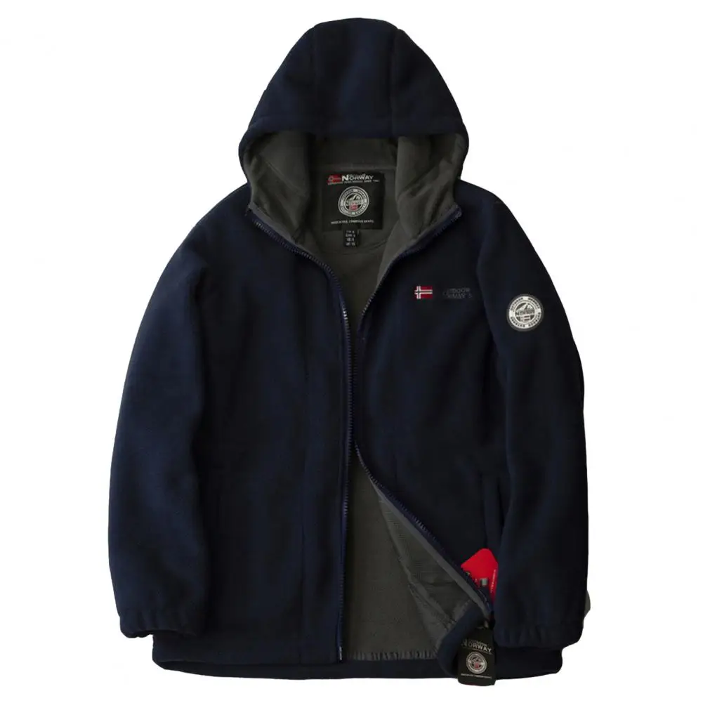Hooded Jacket Stylish Men's Hooded Zipper Jacket Warm Plush Mid-length Coat with Pockets Ideal for Fall Winter Streetwear Polar