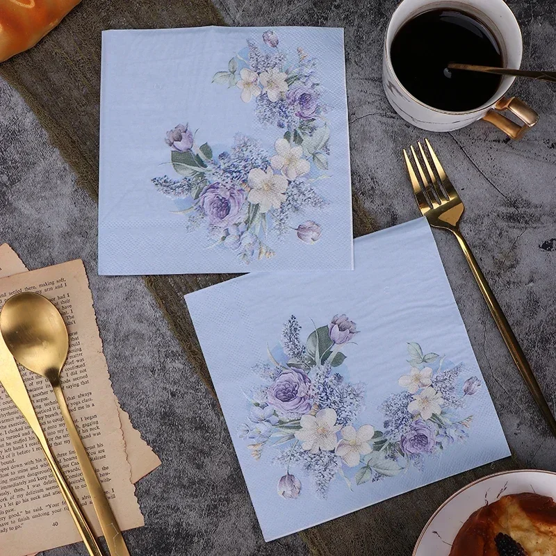 33cm 2-Ply Blue White Flower Printed Blue Napkins Party Colorful Paper Cup Flower Folding DIY Decoupage Paper 10/20pcs paper napkins tissue paper decoration