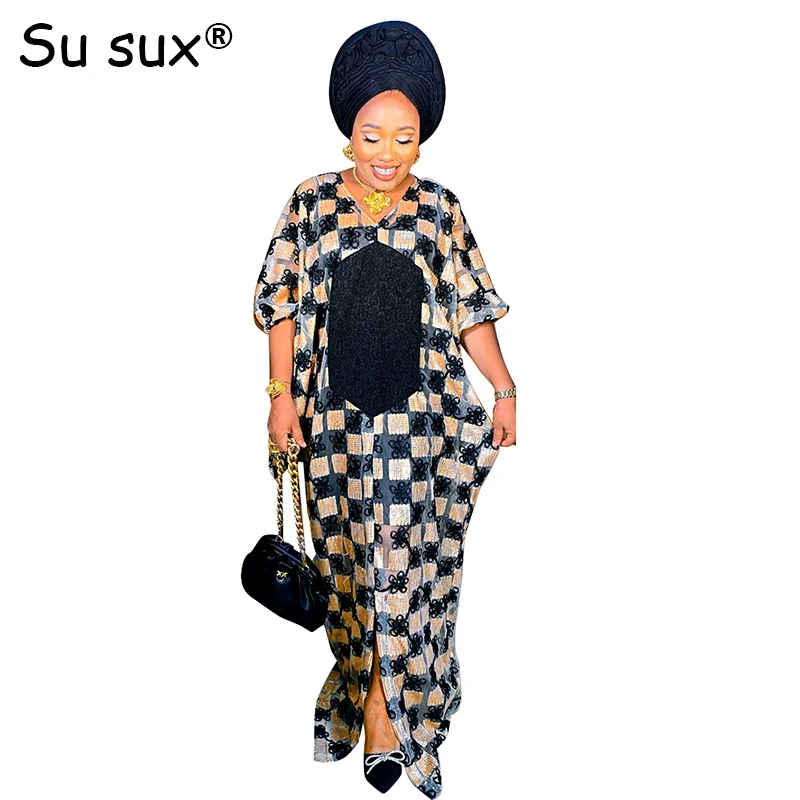 

Plus Size African Dresses For Women 2023 Dashiki Abaya Robe Africains Femme Sequins V Neck Maxi Dress Vestidos Africa Clothing