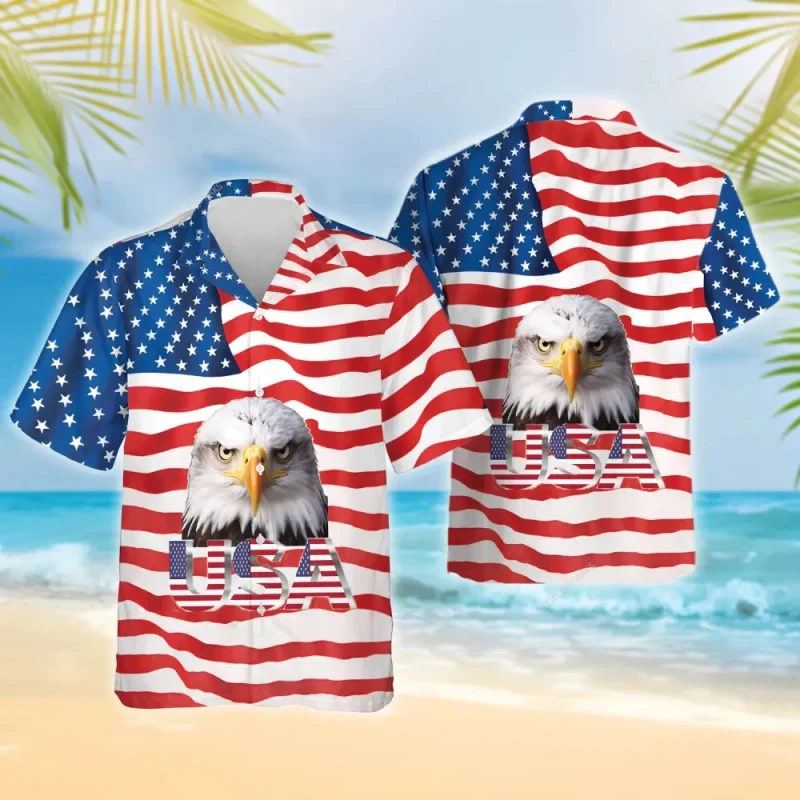 thumbnail image 1 of Camisas con la bandera de EE. UU. 2024 para hombre, camisa hawaiana con estampado 3D de águila americana para hombre, camisetas de moda de manga corta para playa, blusas, camisas, 1 of 5