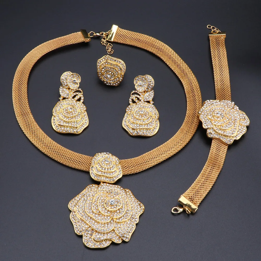 

Italian Gold Silve Color Flower Crystal Necklace Earings Bracelet Ring Jewelry Set African Bride Jewelry For Women Wedding