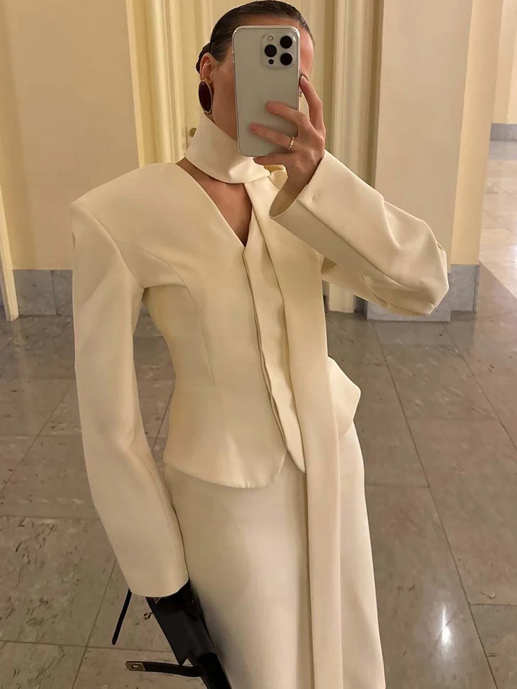 Women Suit Jacket With Long Scarf Blazer Sexy V Neck Full Sleeves Button Up Slimming Coat Office Lady Simple Commuting Jacket