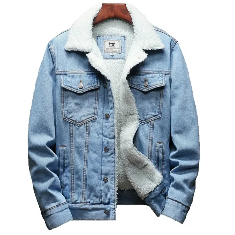 

Winter Jean Jackets Men Warm Denim Coats Fashion Cowboy Outerwear Men Liner Thicker Fleece Denim Jacket Black Blue Plus Size 6XL