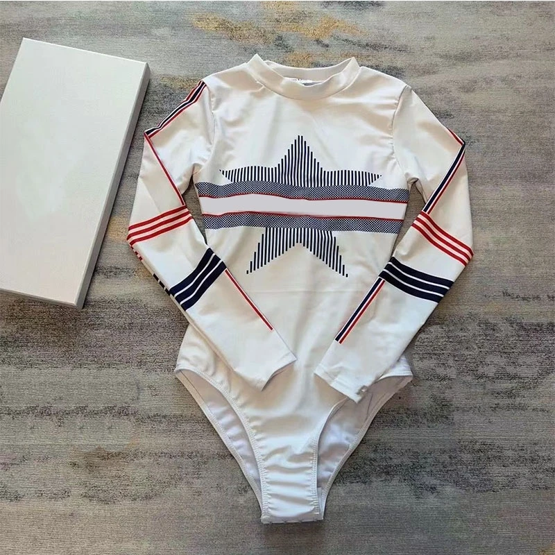 

2023 Brand New Women White Long Sleeve Five star And Stripe Print Surfing Suit Sunscreen Swimsuit BODYSUIT