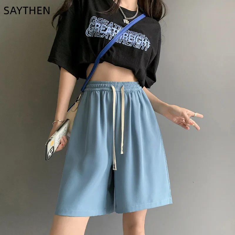 

SAYTHEN Suit Shorts Women's 2022 Summer Thin Loose High Waist Thin Casual Straight Chiffon Ice Silk Five-Point Pants