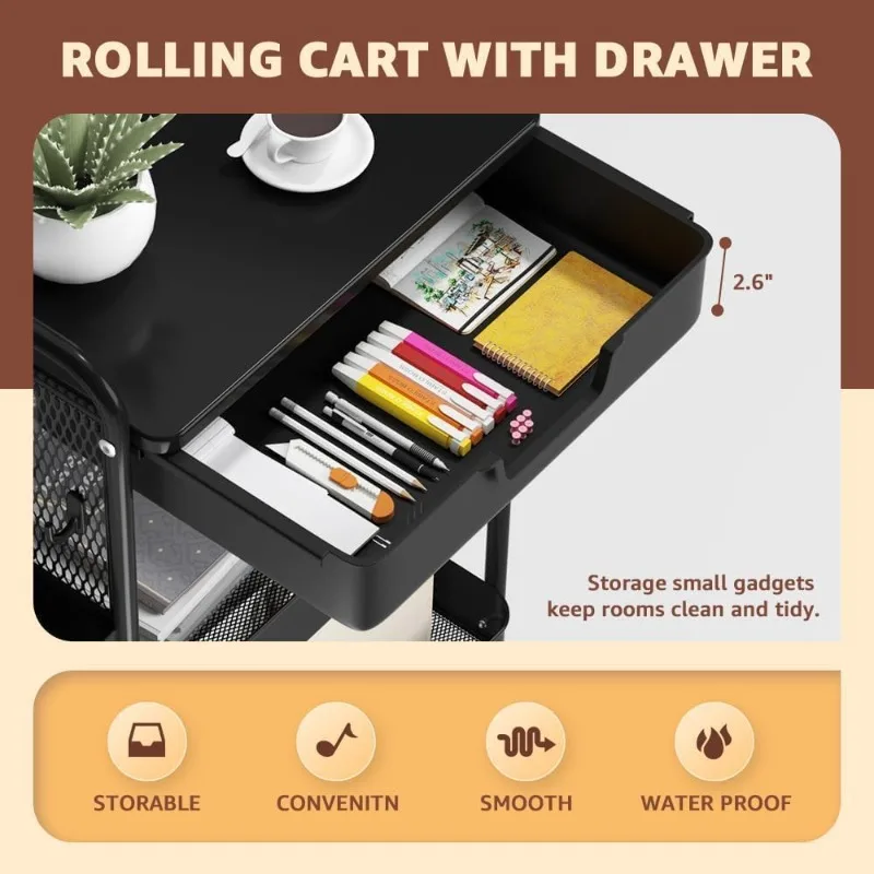 3 Tier Rolling Cart with Drawer, Metal Rolling Utility Cart on Wheels with Pegboard, Art Cart Storage Organizer with Tabletop 2