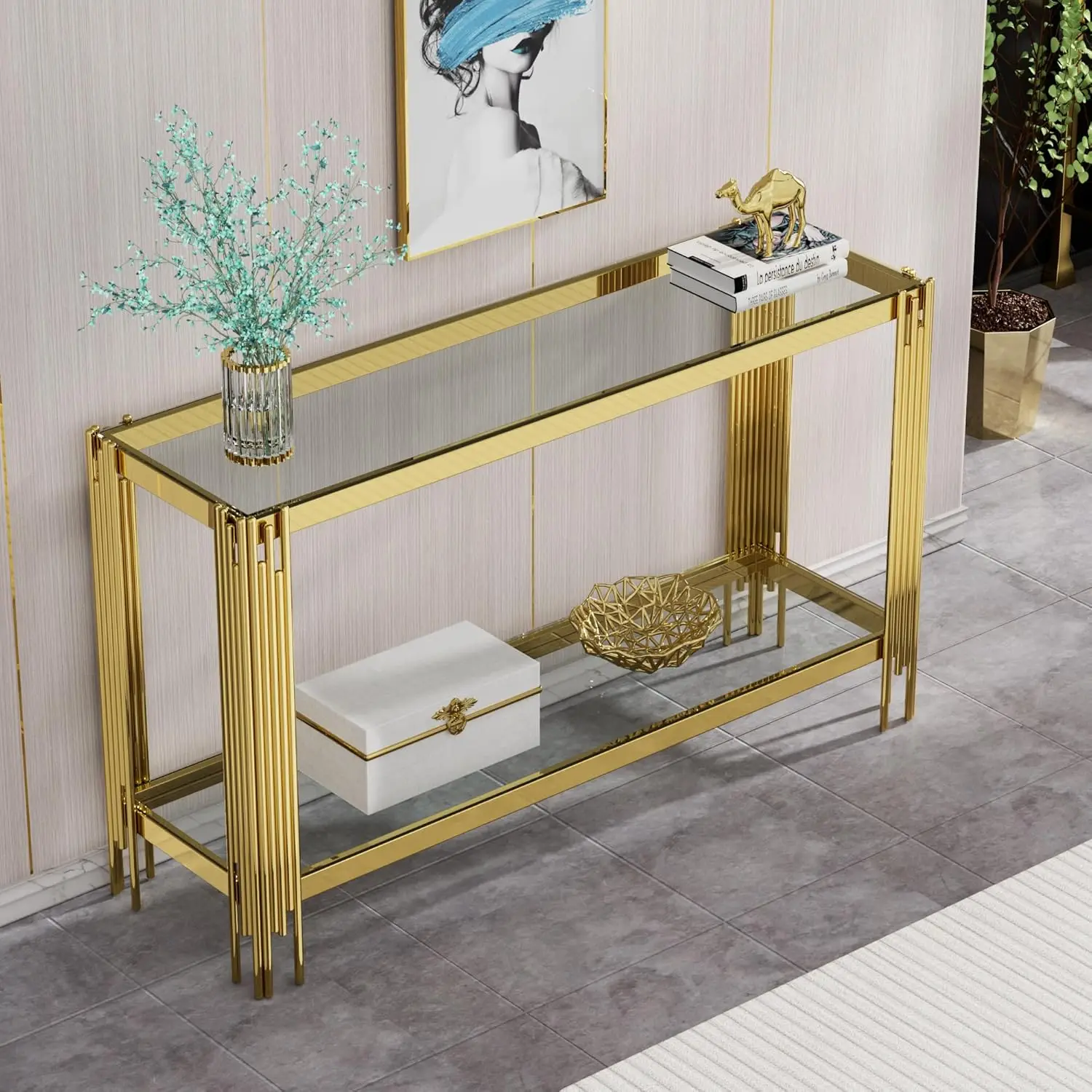 Clear Glass Console Table with Gold Stainless Steel Frame, 55" Entryway Table Modern Accent Sofa  Elegant Hallway e