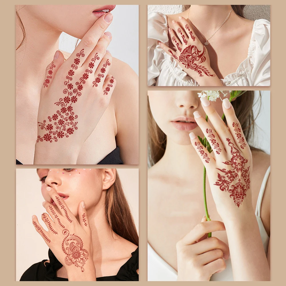 Tatuajes marrones de Henna a prueba de agua para mujer, tatuajes temporales de mano, tatuaje falso, arte corporal, flor, pegatina de tatuaje,
