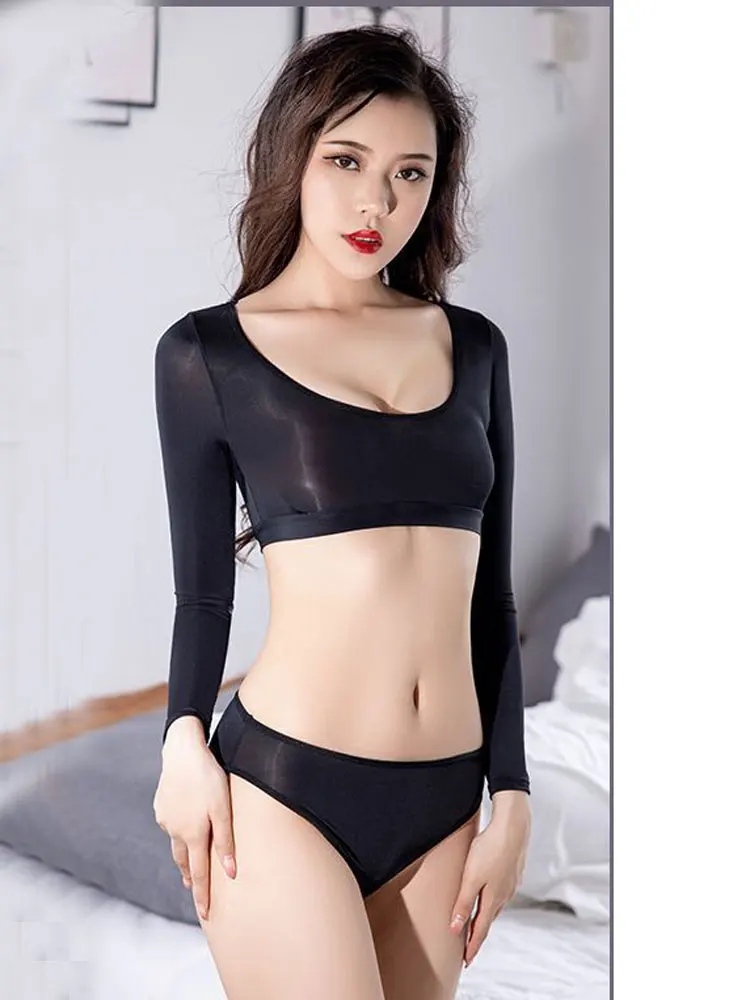 Sexy Set Woman 2 Pieces Open Crotch Briefs Sleepwear Pajamas For Women Outfits Smooth Sheer See Through Tight Crop Tops Lingerie