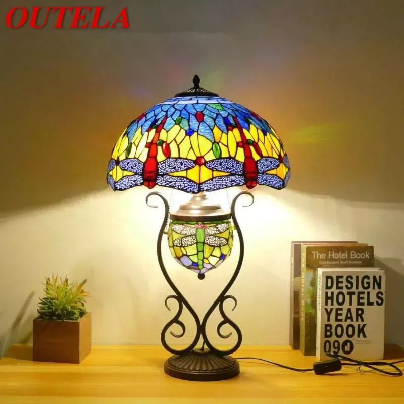 

OUTELA Tiffany Table Lamp American Retro Living Room Bedroom Lamp Luxurious Villa Hotel Stained Glass Desk Lamp
