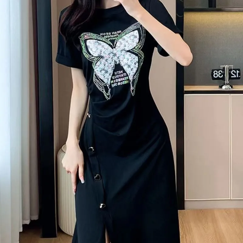 

Women's Summer Pullover Round Neck Butterfly Letter Printing Button Asymmetrical Short Sleeves Flattering Knee Skirts Dresses