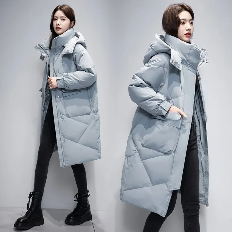 2023 New Women Down Jacket Winter Coat Female Mid Length Version Parkas Loose Thick Warm Outwear Leisure Time Hooded Overcoat