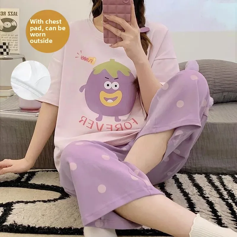 جديد الصيف القطن ملابس خاصة المرأة القطن الخالص الترفيه قصيرة الأكمام ملابس المنزل مجموعة مع وسادة الصدر سبعة السراويل حجم كبير