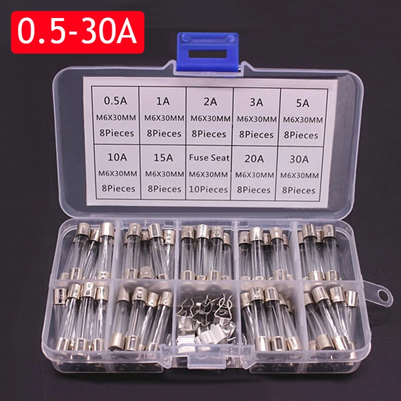 Car Fast-blow Glass Fuses Car Glass Tube Fuses 100/72pcs 0.2-20A 0.5-30A Assorted Kit for Light Inflator vacuum Cleaner car fuses kit