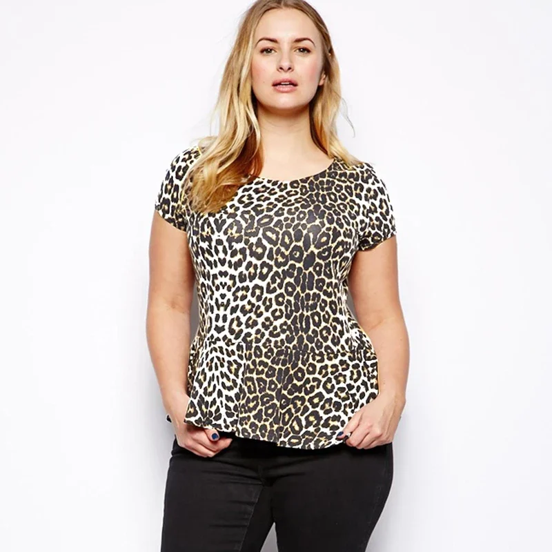 

Plus Size Short Sleeve Summer Peplum T-shirt Women Round Neck Ruffle Hem Casual Leopard Top Female Large Size Tee 5XL 6XL 7XL 8X