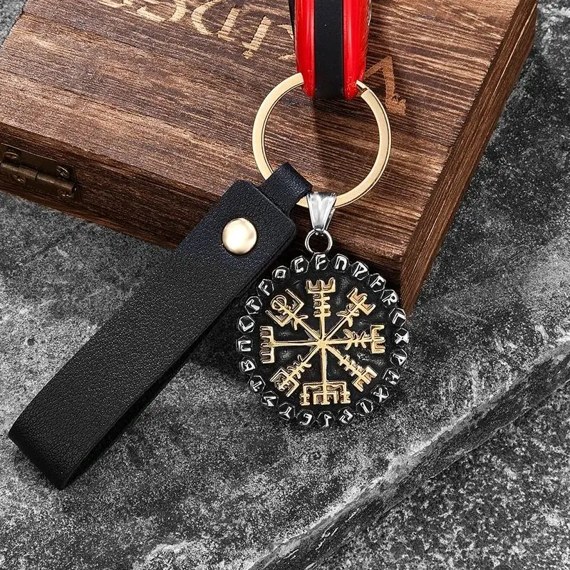 Vintage Norse 24 Runes Vegvisir Keyring Mens Viking Compass