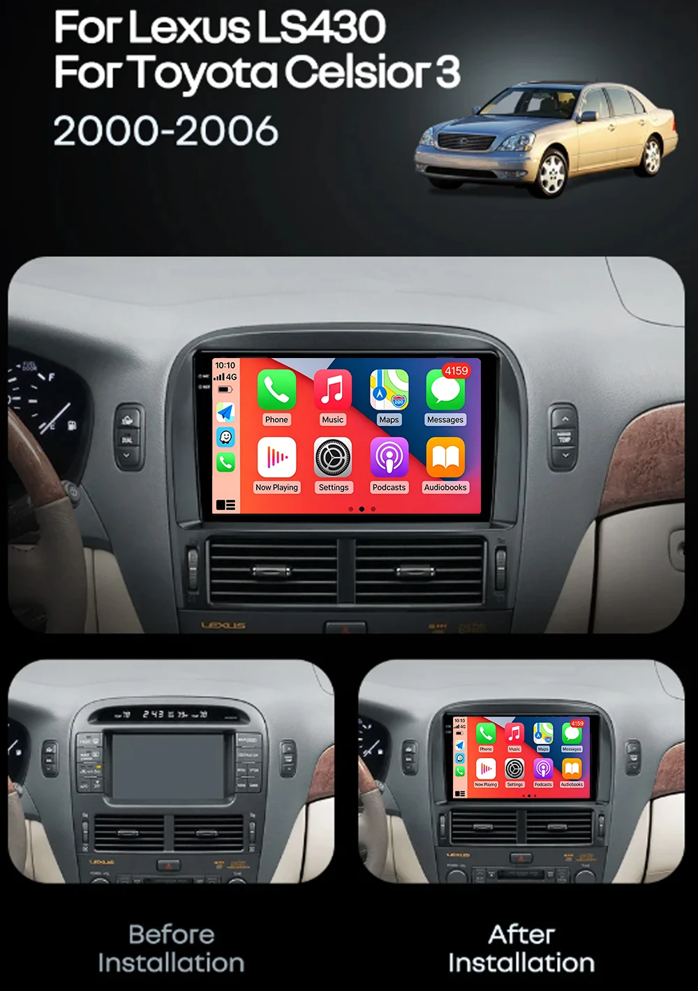 Radio de coche Android 16 con Carplay y Auto, reproductor multimedia estéreo con navegación GPS QLED para Lexus LS430 XF30 LS 430 2000 - 2006 para Toyota 2