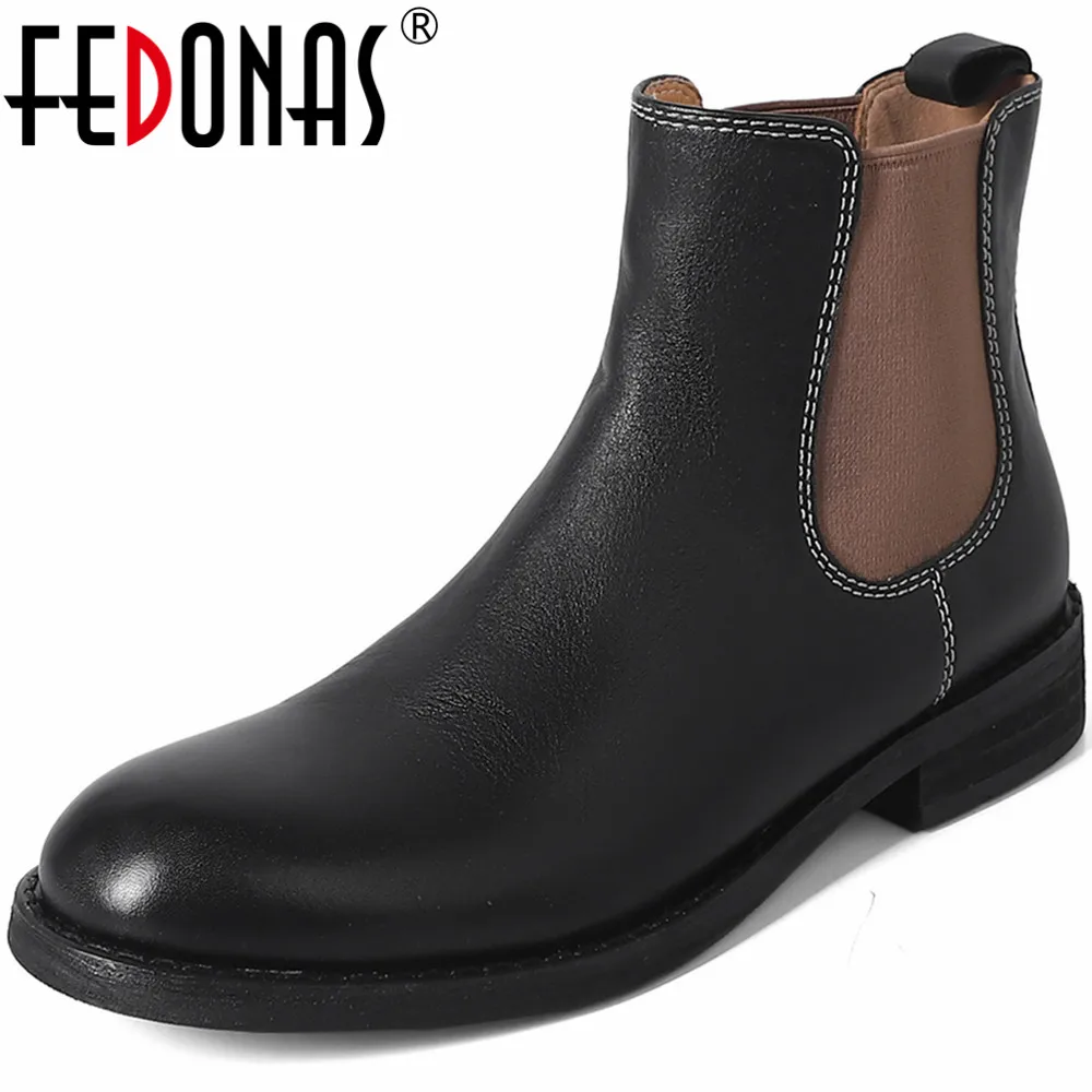 

Женская Офисная дамские короткие сапоги FEDONAS, повседневная обувь из натуральной кожи на низком каблуке в стиле ретро, Осень-зима