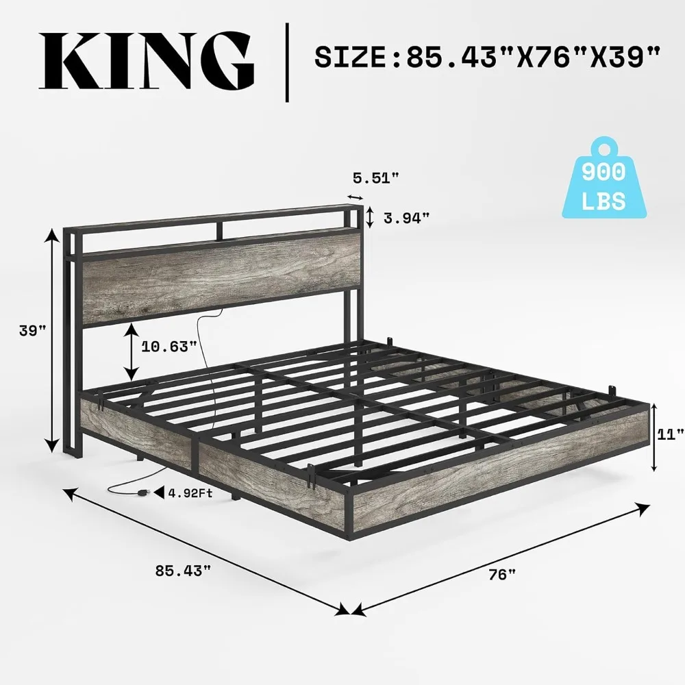 Bed Fram, King Size Floating Bed Frame with 2-Tier Storage Headboard, Metal Bed Frame with Charging Station & LED Lights 2