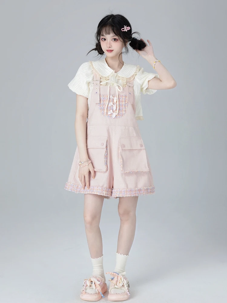 Summer New Fashion Sweet Y2K Preppy Style Student Kawaii Jumpsuit Girly Loose Slim Elegant Casual Pink Suspenders Pants Women