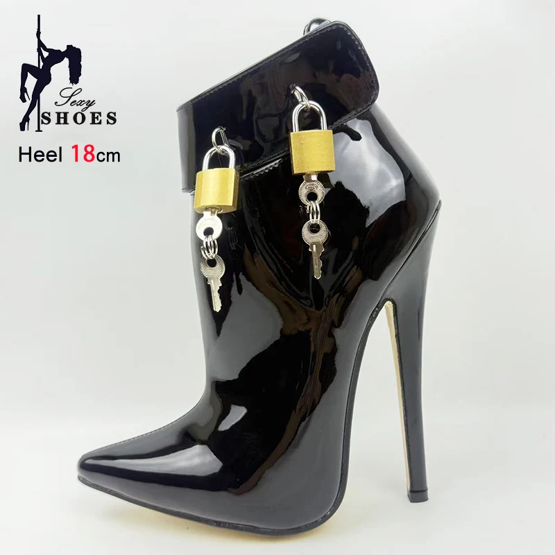 Glossy PU Leather Pointed Short Ballet Boots Women 18CM Lockable Padlocks Fashion Fetish Shoes Plus Size 36-46 Sexy Ankle Boots