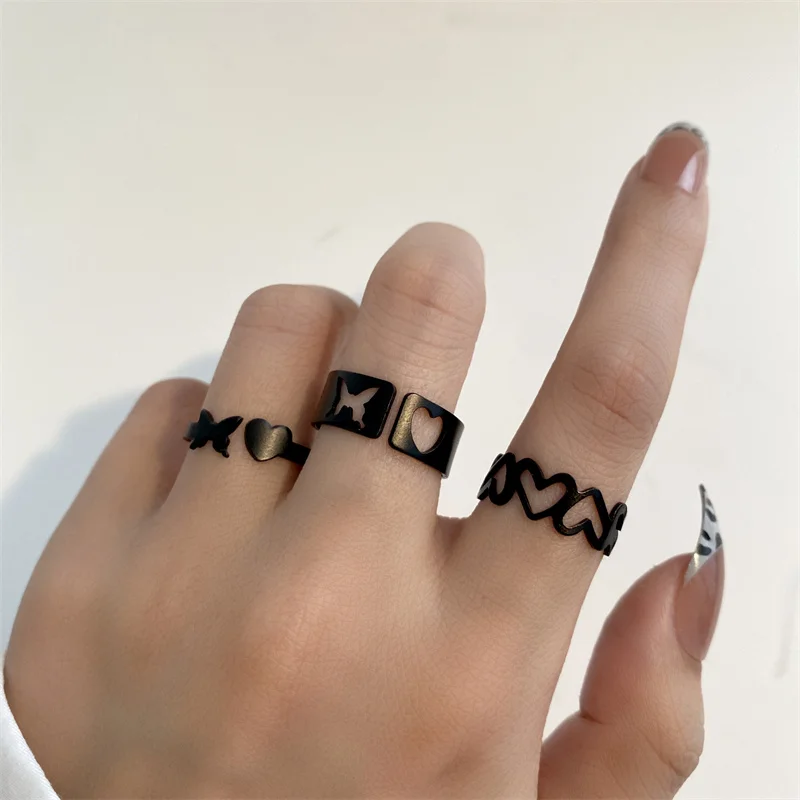 Punk Black Ring Set Snake Butterfly Heart Vintage Irregular Simplicity Finger Jewelry For Women 2024 New Trendy Gifts for Girl
