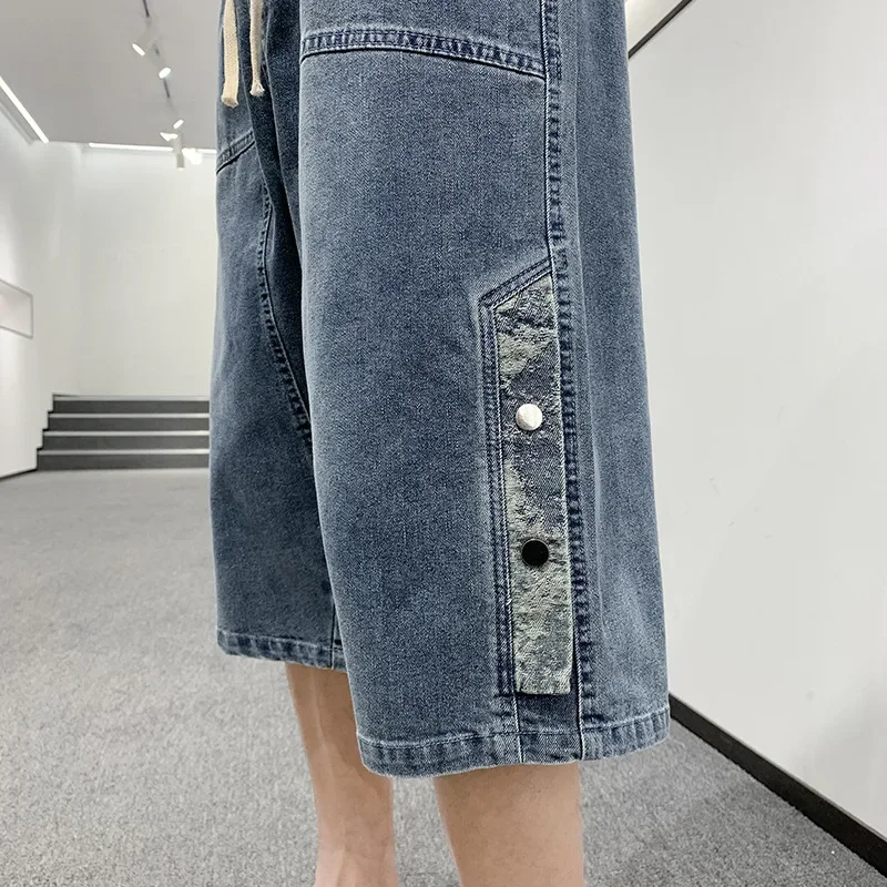 Summer Casual Denim Shorts for Men Loose Straight Leg Sporty Cotton Large Size Jeans Seven-Foot Pants Micro Elastic