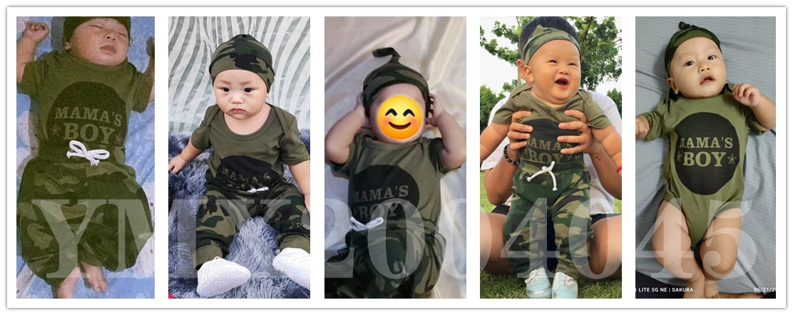 Neugeborene Baby Sommerkleid ung Set Buchstaben Kurzarm Stram pler Tarnhose Hut 3 stücke Outfits für Kleinkind Junge 0-18 Monate – Detail 1