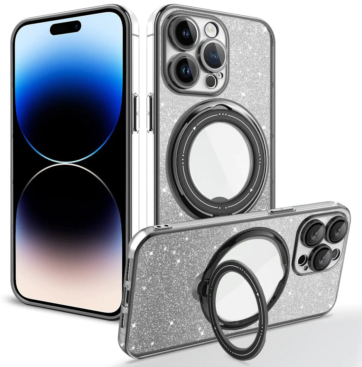 

Блестящий Гальванизированный Магнитный чехол с блестками для iPhone 15 Pro Max 14 13 12 с невидимым кольцом-подставкой и крышкой для объектива