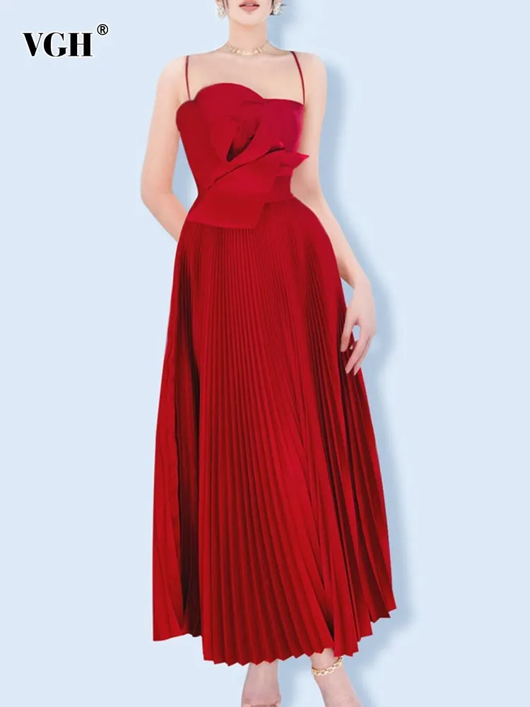 

VGH Solid Patchwork Appliques Elegant Dress For Women Strapless Sleeveless High Waist Spliced Folds Temperament Dresses Female