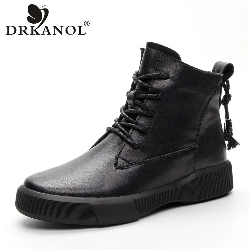 

DRKANOL Fashion Women Boots Autumn Winter Warm Shoes British Style Real Cowhide Flat Heel Casual Short Ankle Boots Big Size 43