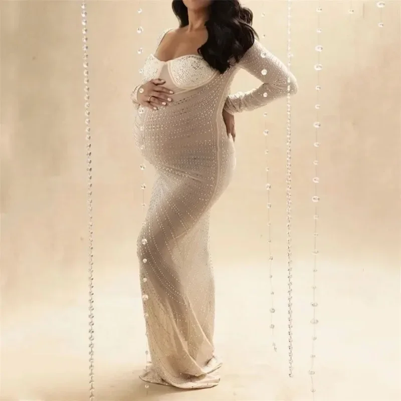 

Shining Crystals Maternity Photography Dress Sexy Pregnant Woman Bodycon Mesh Pregnancy Photography Long Dress