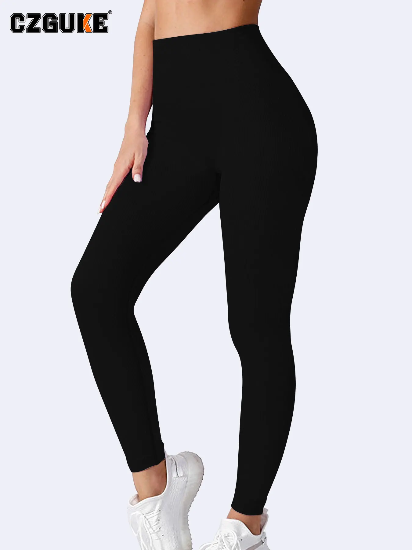 CZGUKE-Women Ribbed High Waist Yoga Leggings Stretch Butt Lifting Control Skinny Fitness Pants Knit Gym Workout Sports Trousers