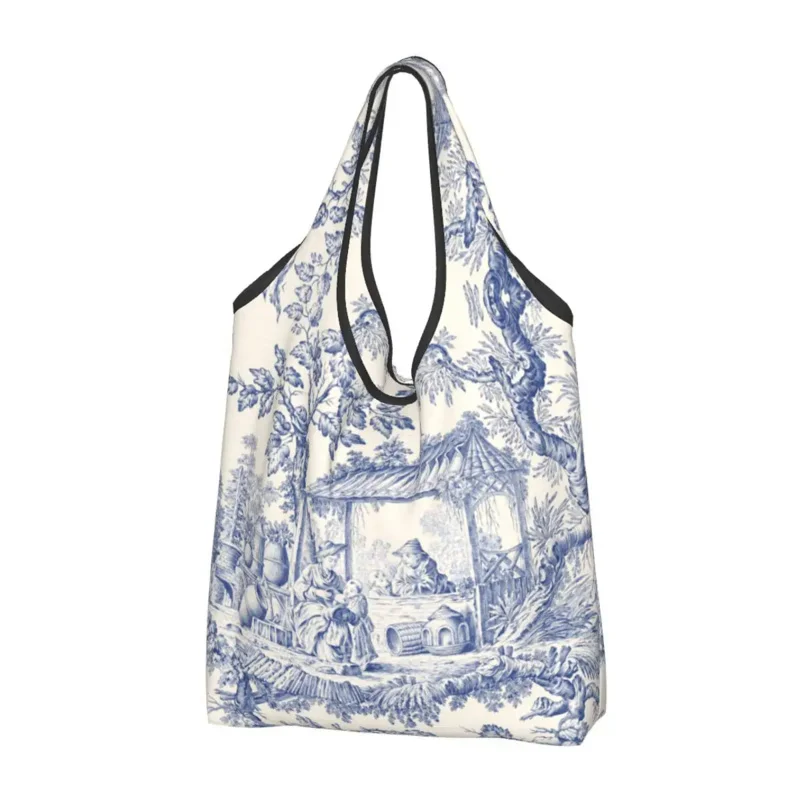 Cute Vintage Classic French Toile De Jouy Navy Blue Motif Pattern Shopping Tote Bags Portable Groceries Shopper Shoulder Bag