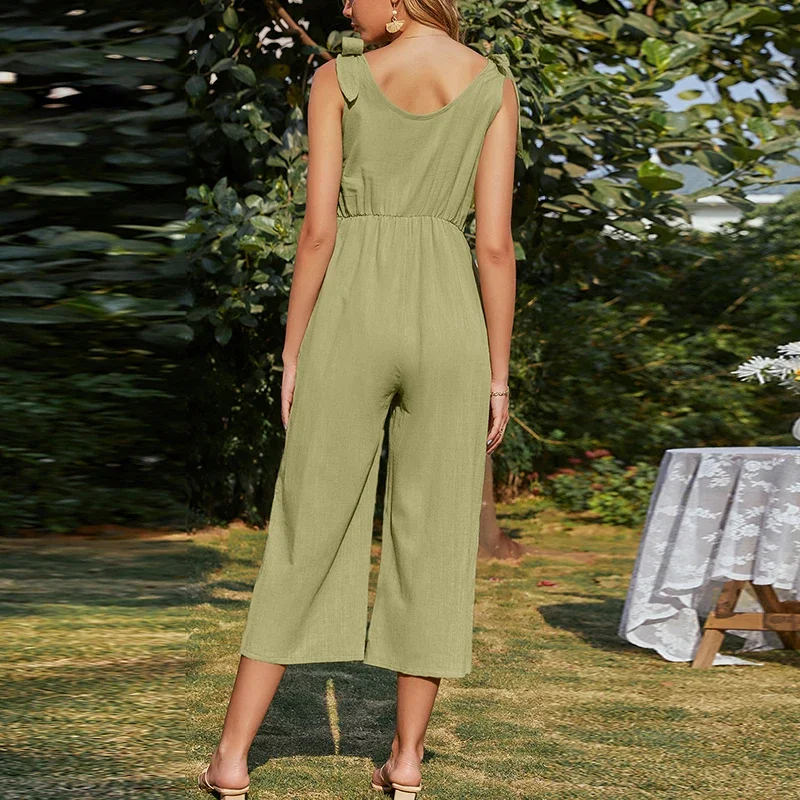 Summer Holiday Beach Casual Solid Jumpsuit Women Sleeveless Cotton Linen Wide Leg Rompers Elegant Shoulder Bow Jumpsuits Female