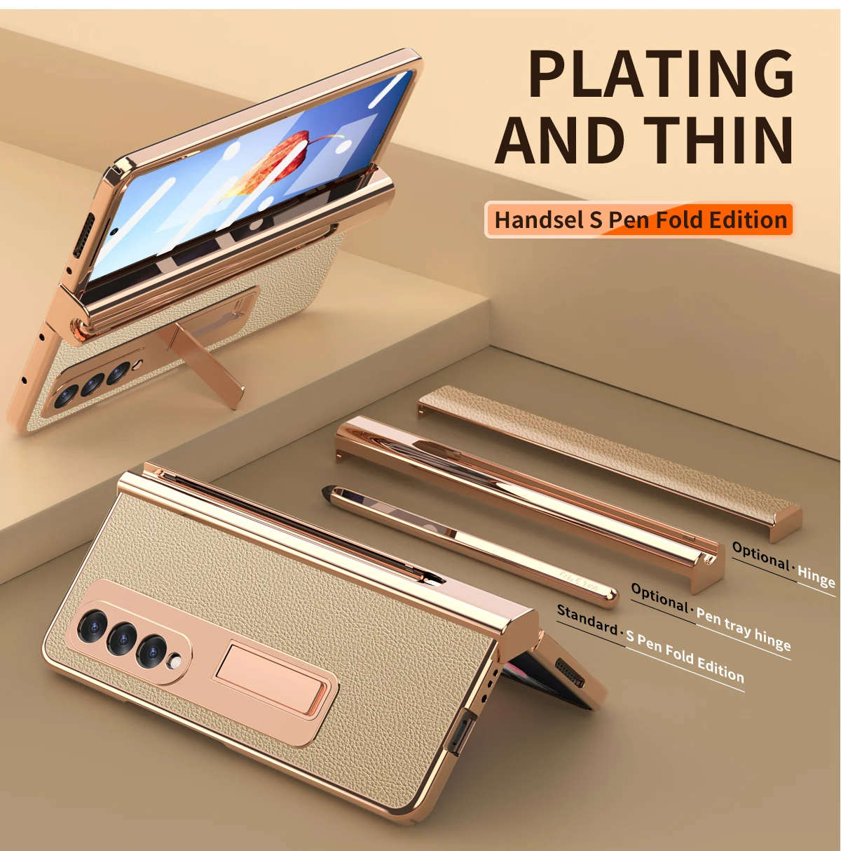 

Luxury Leather Plating Hinge Case Pen Slot for Samsung Galaxy Z Fold 3 4 Case with Pen Magnetic Bracket for Galaxy Fold 3 4 Case