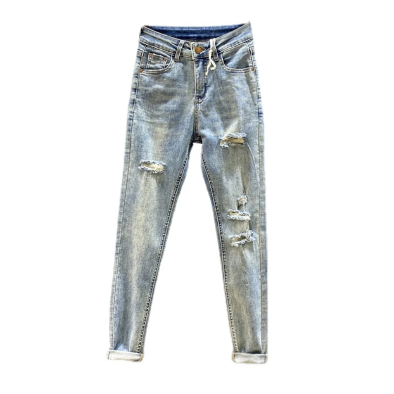 2024 Spring and Summer Skinny Blue Jeans for Women New Retro Make Old Ripped Elastic Slimming High Waist Pencil Jeans Pants