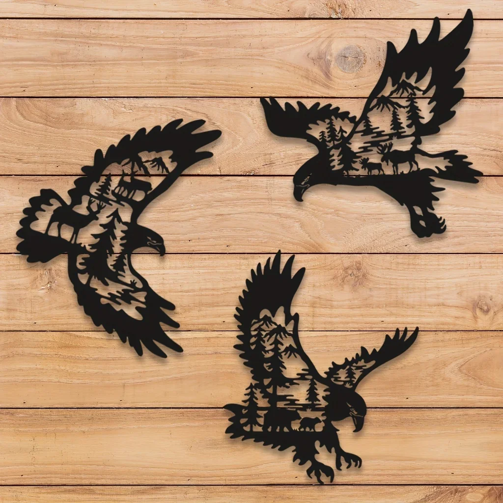 

1pc Eagle Wall Art Decor - Metal Bald Eagle with Deer, Bear, Elk Silhouette Pattern for Bedroom, Living Room, Garden, Fence