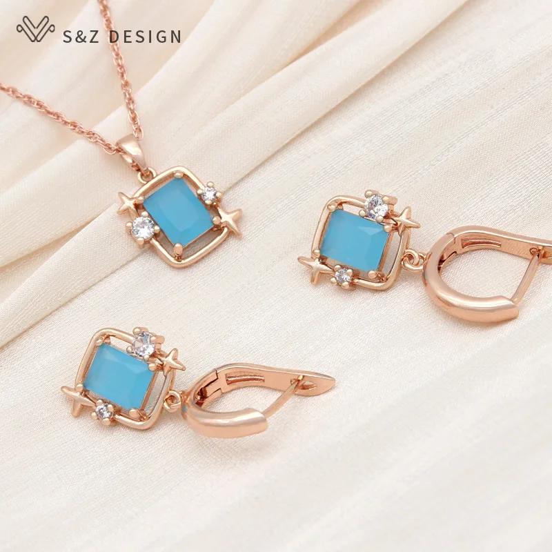 S&Z DESIGN New Fashion Rectangle Crystal Jewelry Sets 585 Rose Gold Color Drop Earrings For Women Trendy Pendant Necklace Gift